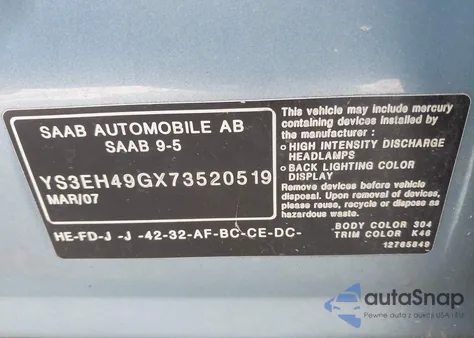 2007 Saab 9-5 2.3T W/Aero Package из США, поврежденный, VIN YS3EH49GX73520519